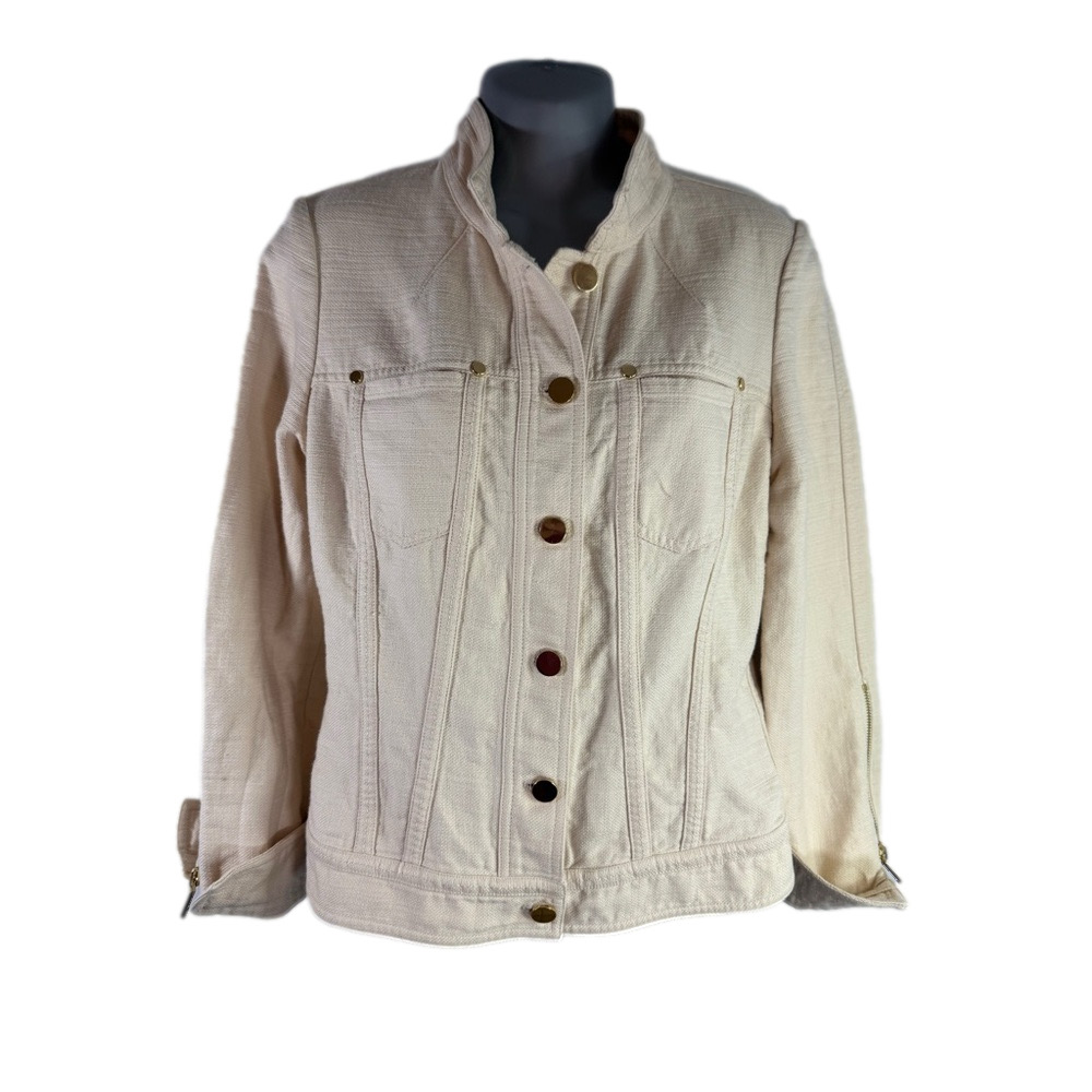 Etcetera Moto Button Down Jacket Size 4 Beige Lin… - image 1